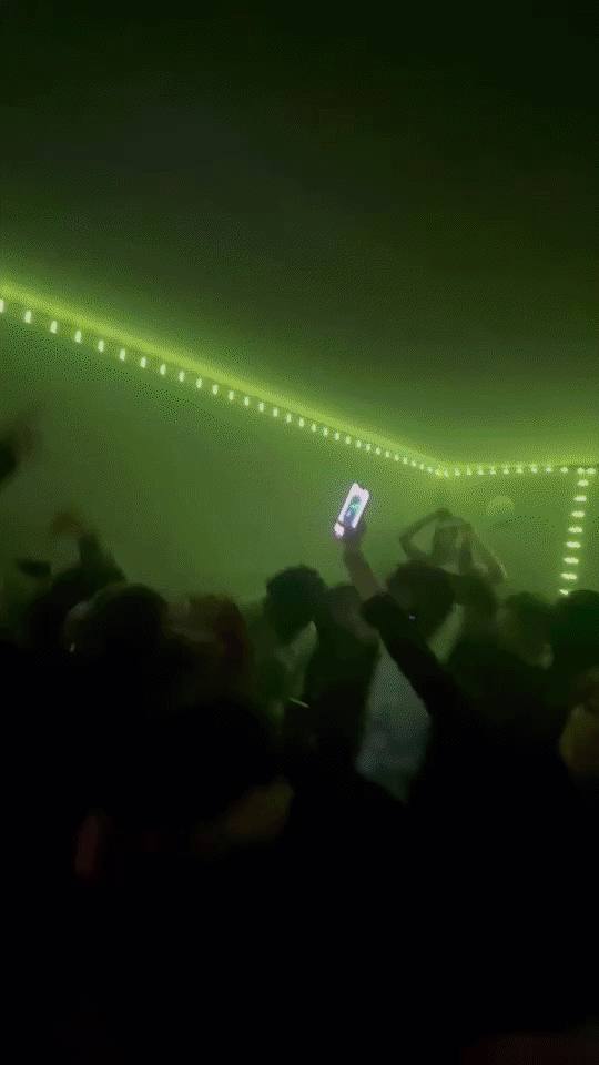 Crowd with hands up under green LED lights during the 60-Day Bender