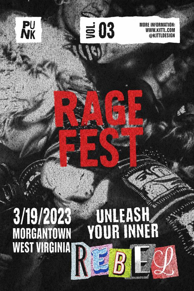 Rage Fest flyer: black-and-white collage with a red title, Morgantown, West Virginia