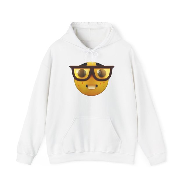 White hoodie with Nerdy Face emoji mascot