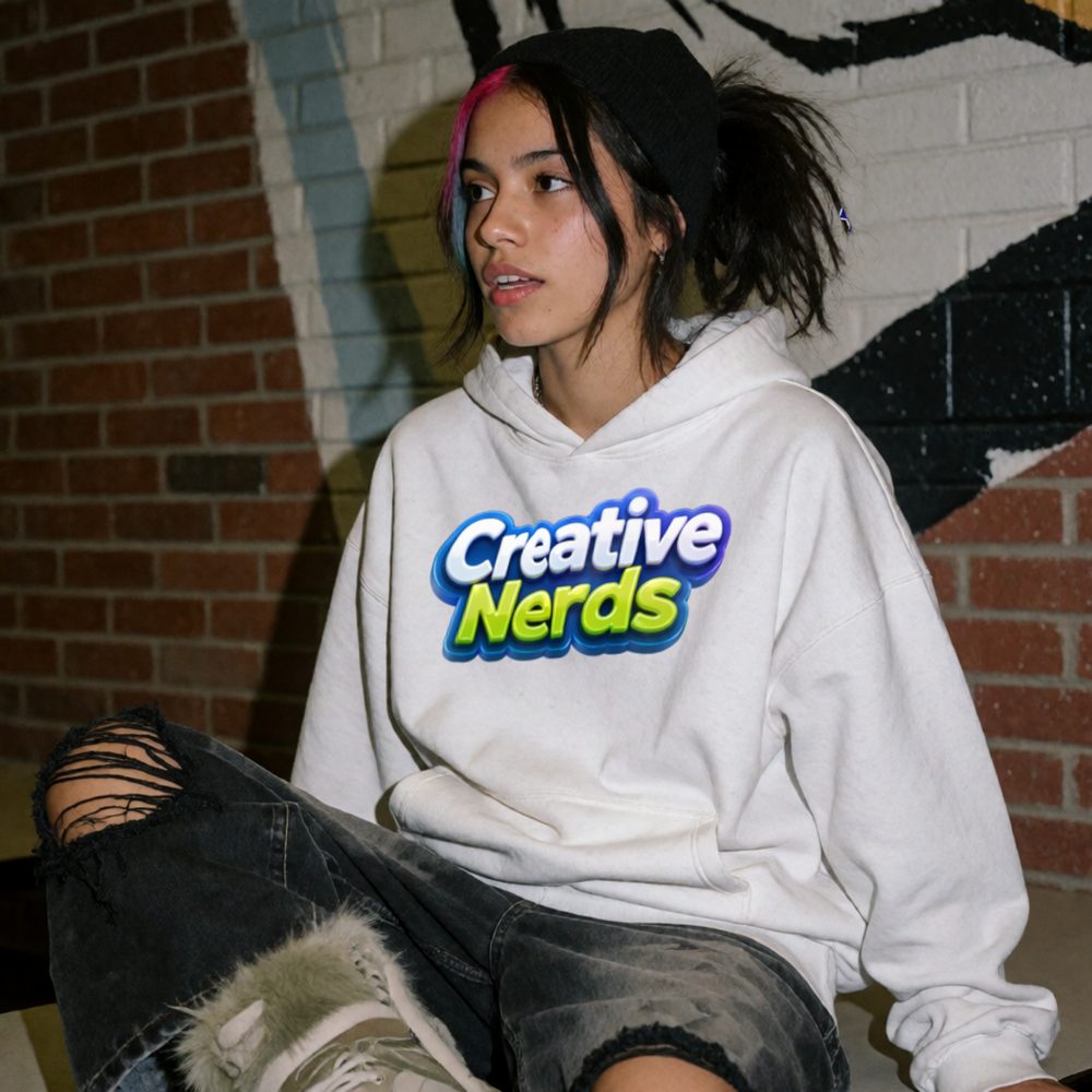 Model wearing the Creative Nerds Hoodie against a graffiti brick wall