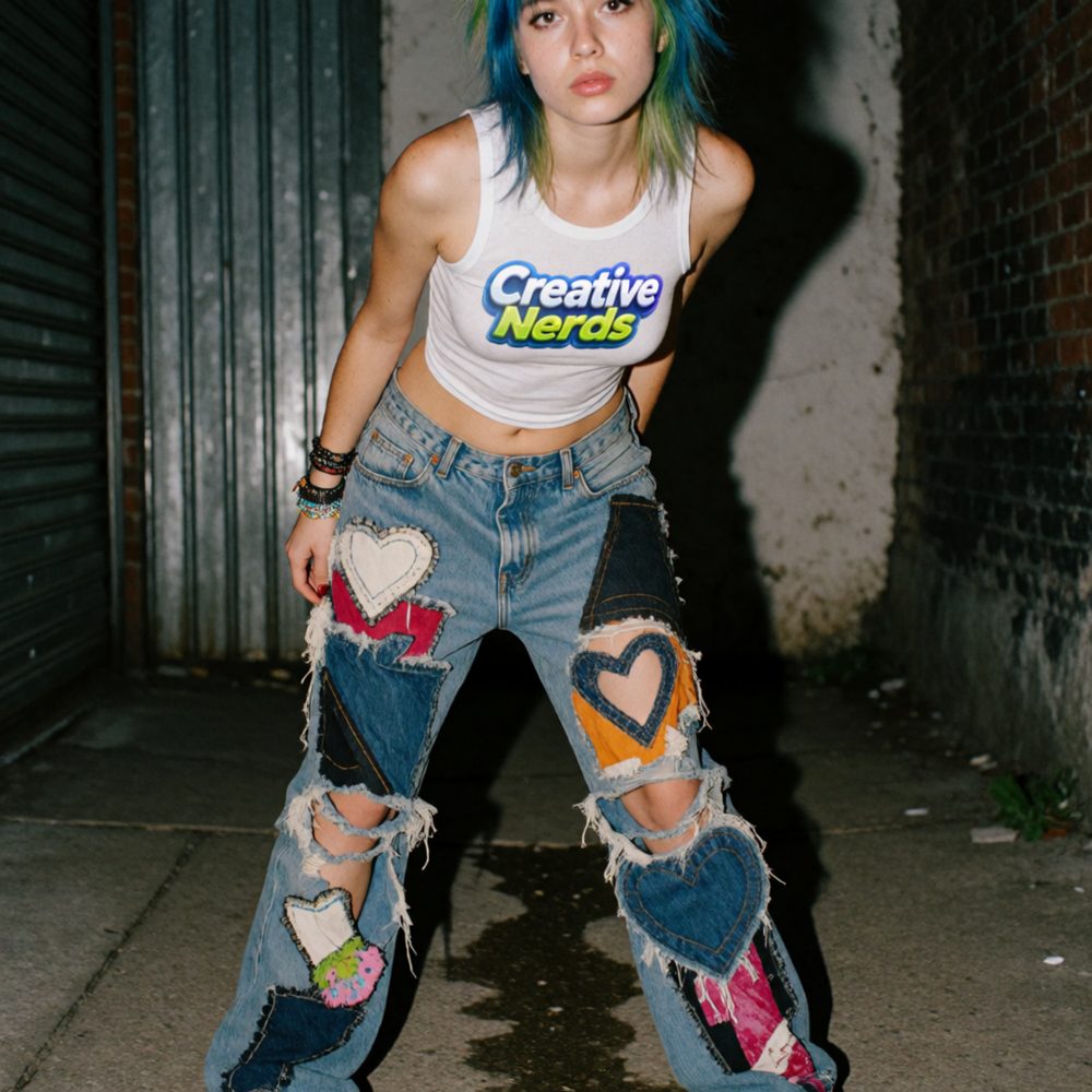 Model wearing the Creative Nerds Tank with patched denim jeans