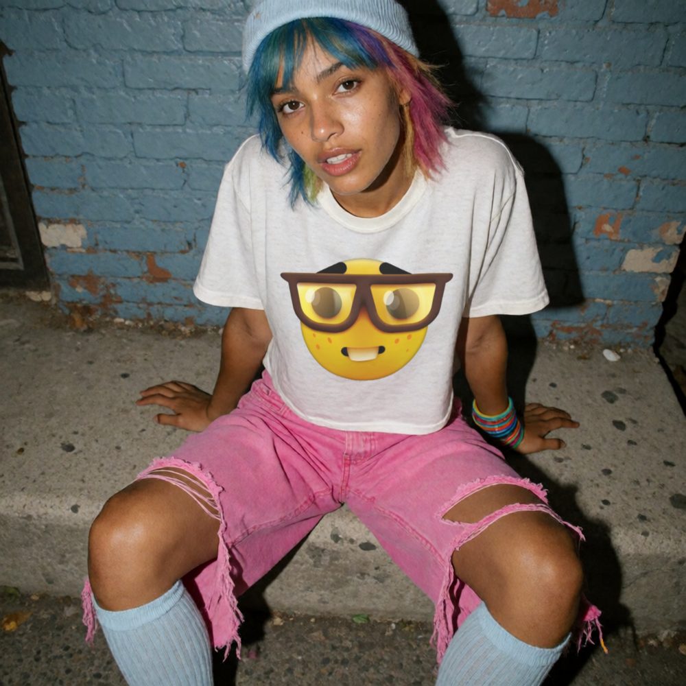 Model wearing the cropped Nerdy Face Tee sitting on a stoop