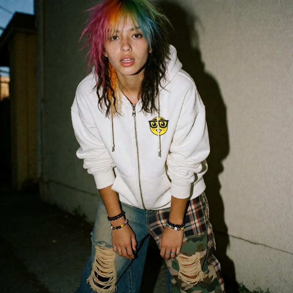 Model wearing the embroidered Nerdy Face Zip-Up hoodie outdoors