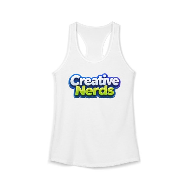White racerback tank with Creative Nerds logo
