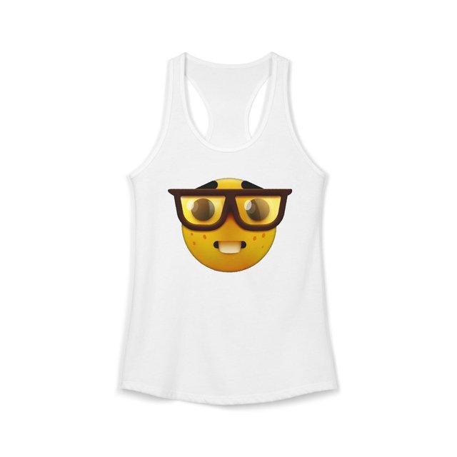 White racerback tank with Nerdy Face emoji mascot
