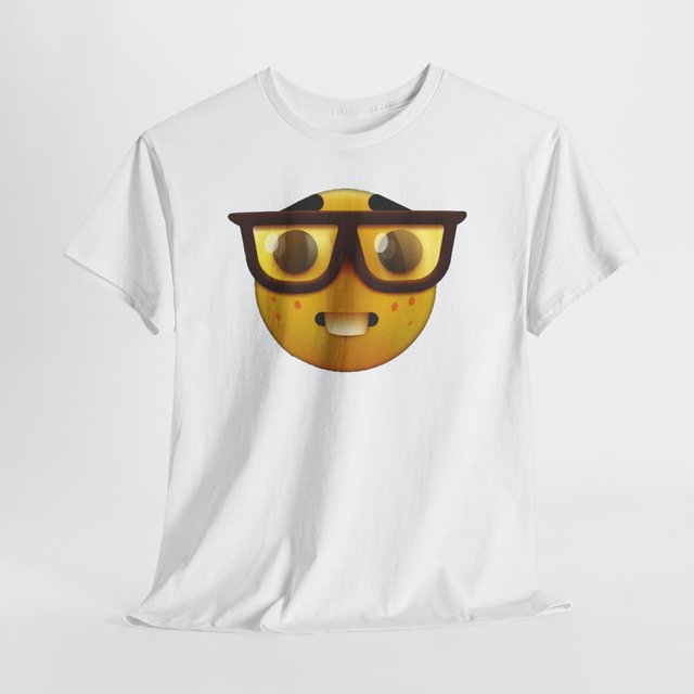 White t-shirt with Nerdy Face emoji mascot