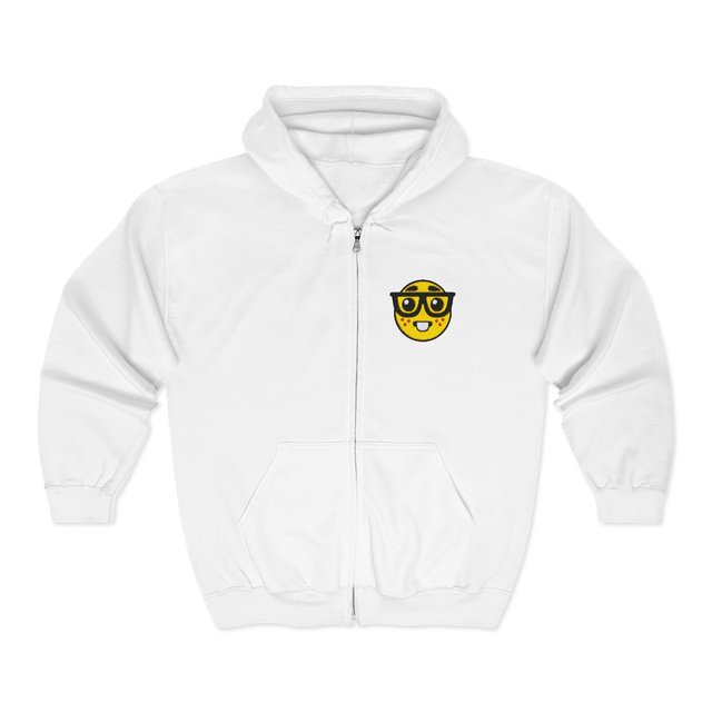 White zip-up hoodie with embroidered Nerdy Face mascot